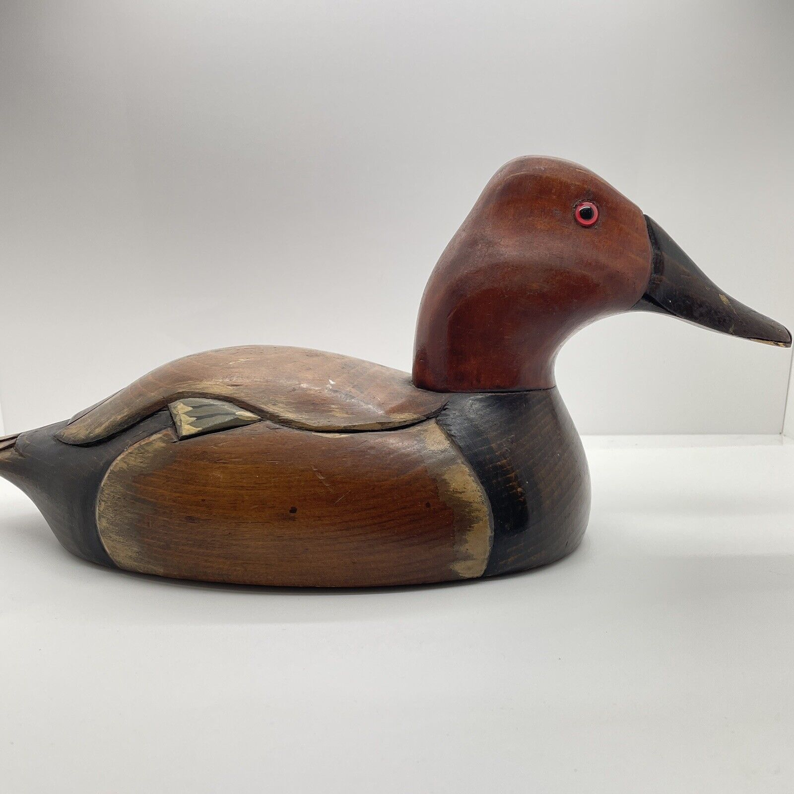 Vintage Hand Carved  Stained Wooden Bird Factory Canvasback Drake Signed 1978