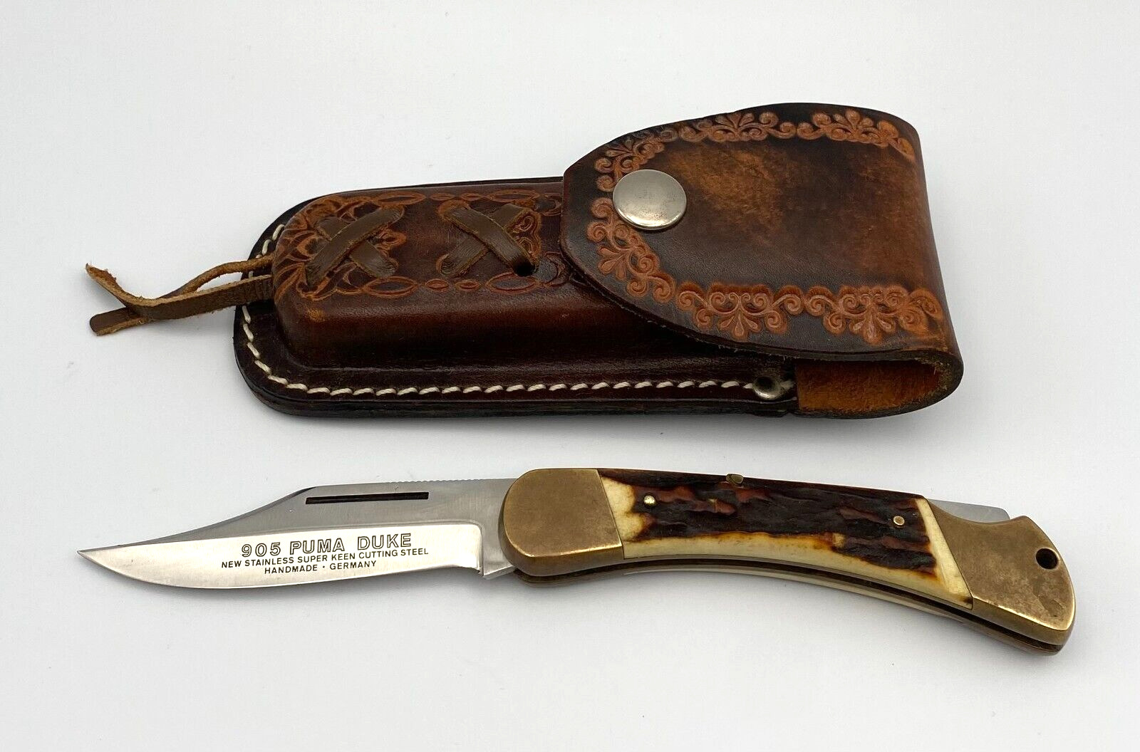 Vintage Puma 905 Duke Folding Blade Knife 26182 Stag Handle Germany w/ Sheath
