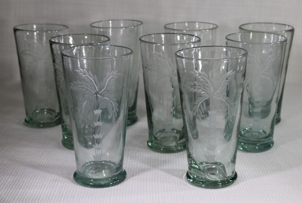 9 Hand Blown Mexican Glass Etched Palm Trees Drnking Glass Tumbler 6.5\