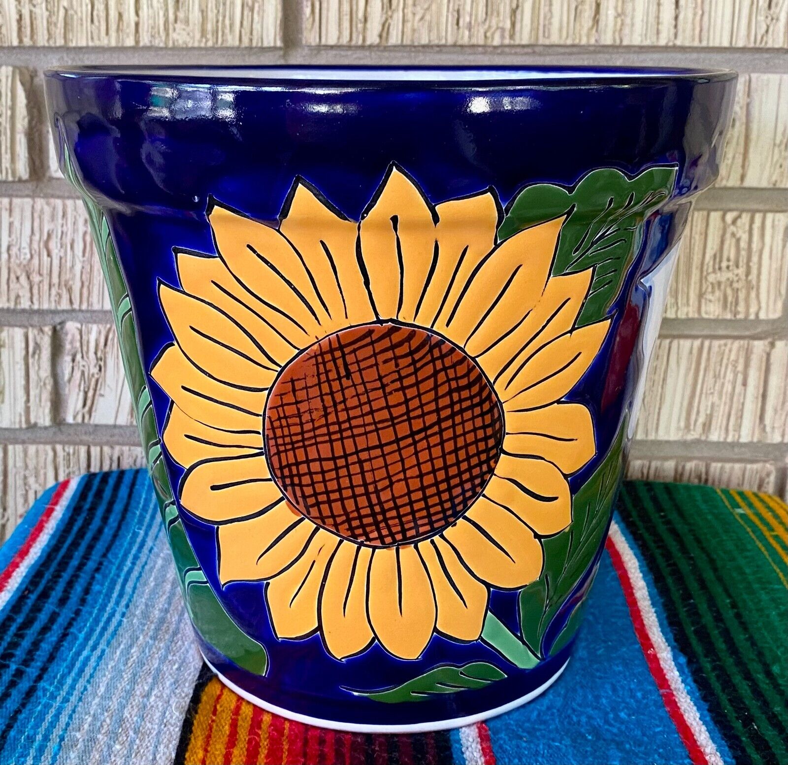XLg  MEXICAN TALAVERA Folk Art POTTERY Lily Sun FLOWER POT PLANTER CERAMIC RARE