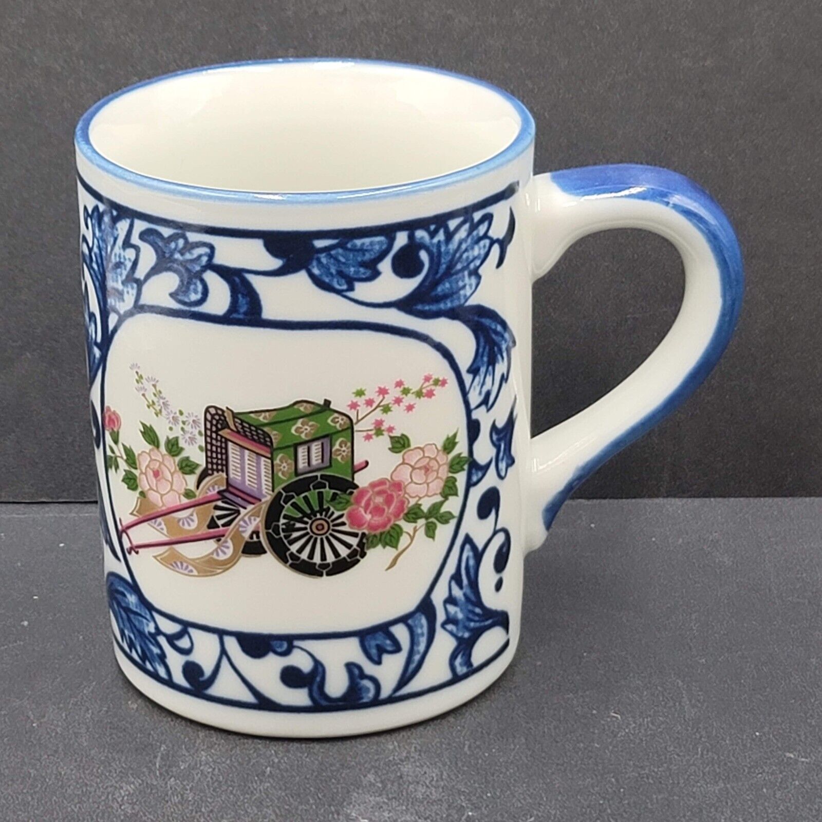 Vintage Imari Porcelain Coffee Mug Blue White Rickshaw Wagon Flowers Japan
