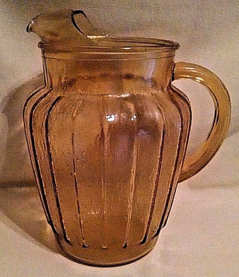 AMBER PITCHER GLASS ICE LIP VINTAGE CRACKLE TEXTURE RIBBED HANDLE UNMARKED.
