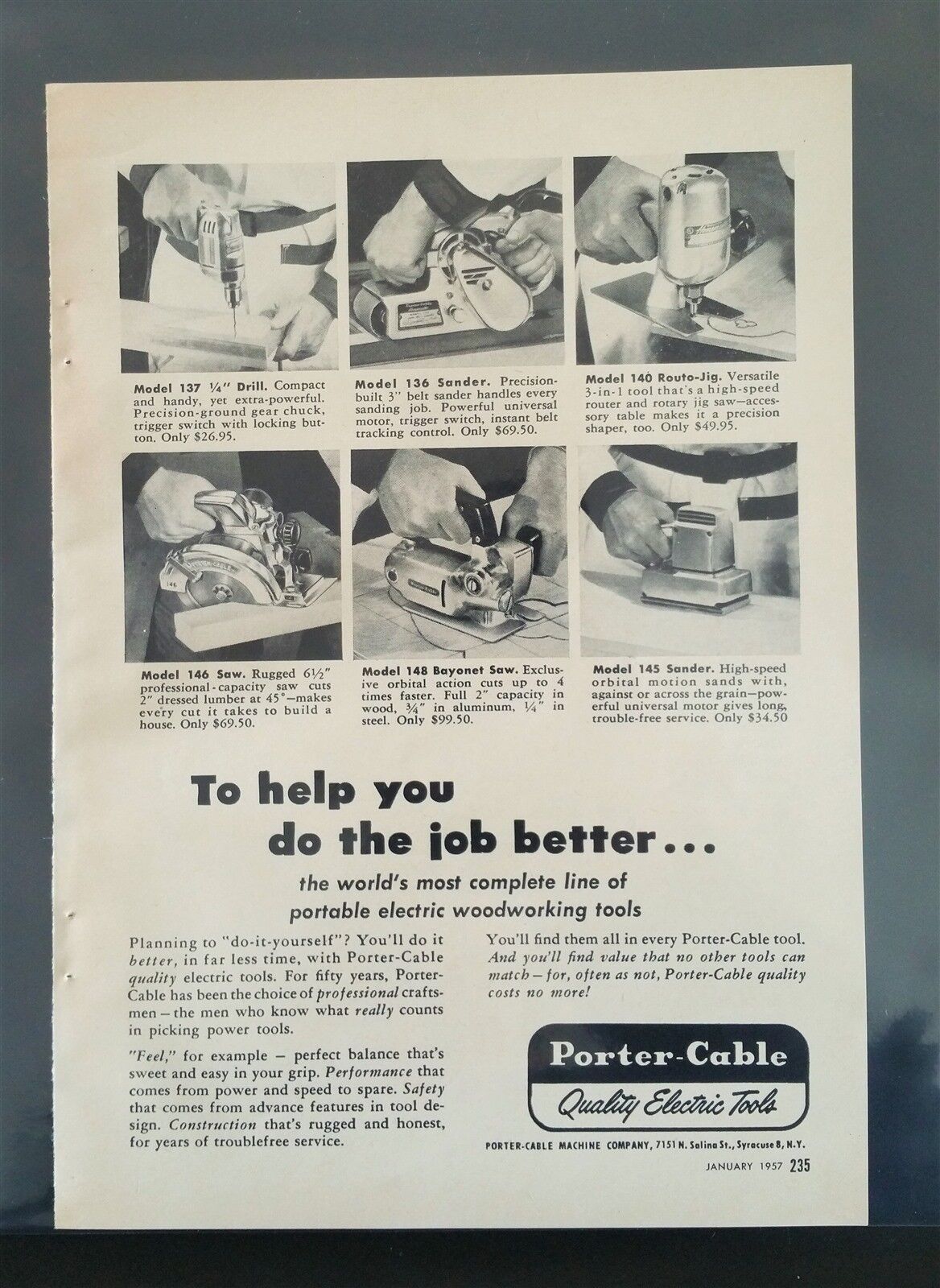 Vintage 1956 Porter-Cable Quality Electric Tools Full Page Original Tools Ad