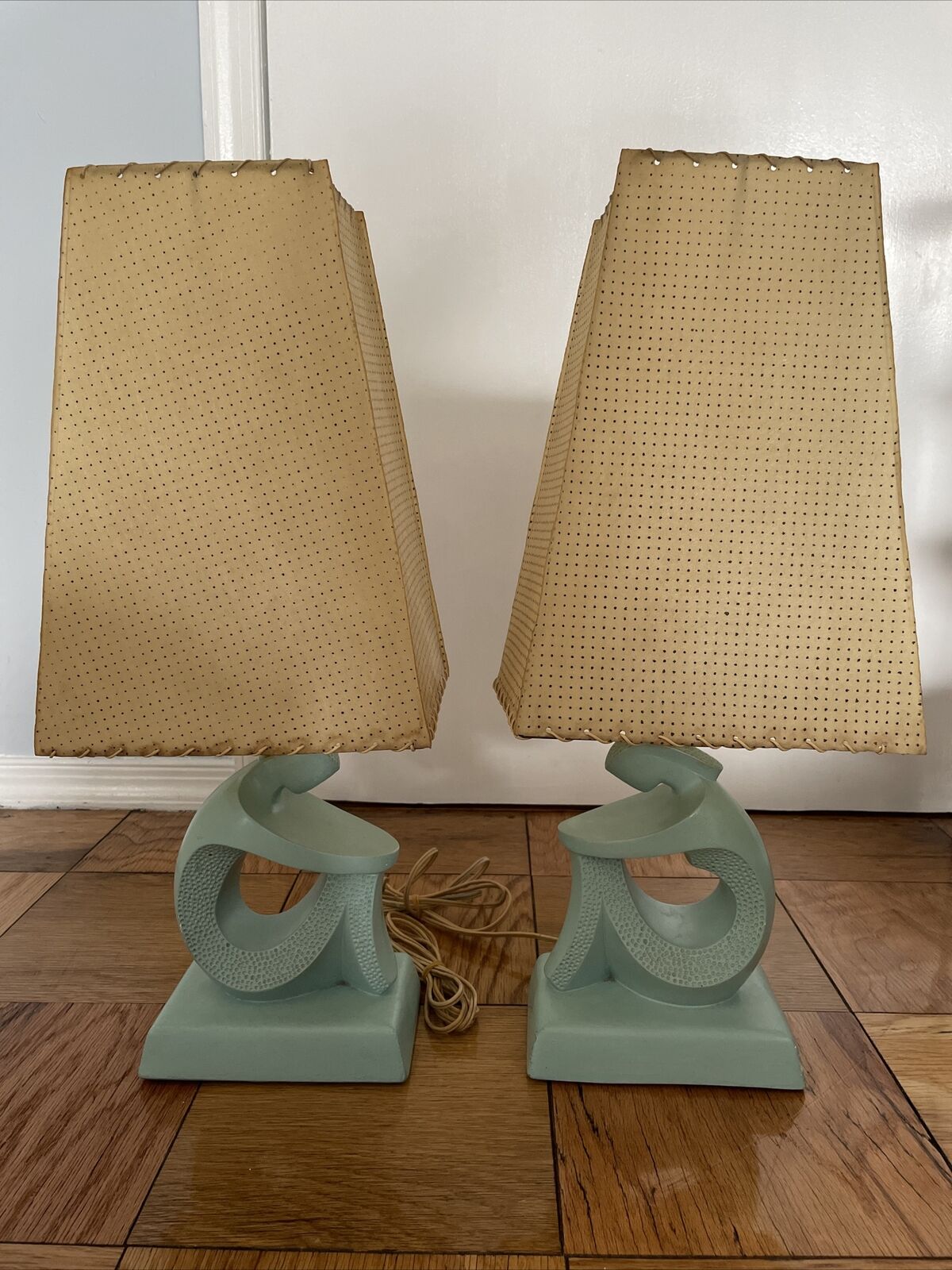 Vintage Pair of FAIP Figural Man Woman Lamps Original Fiberglass Shades Finials