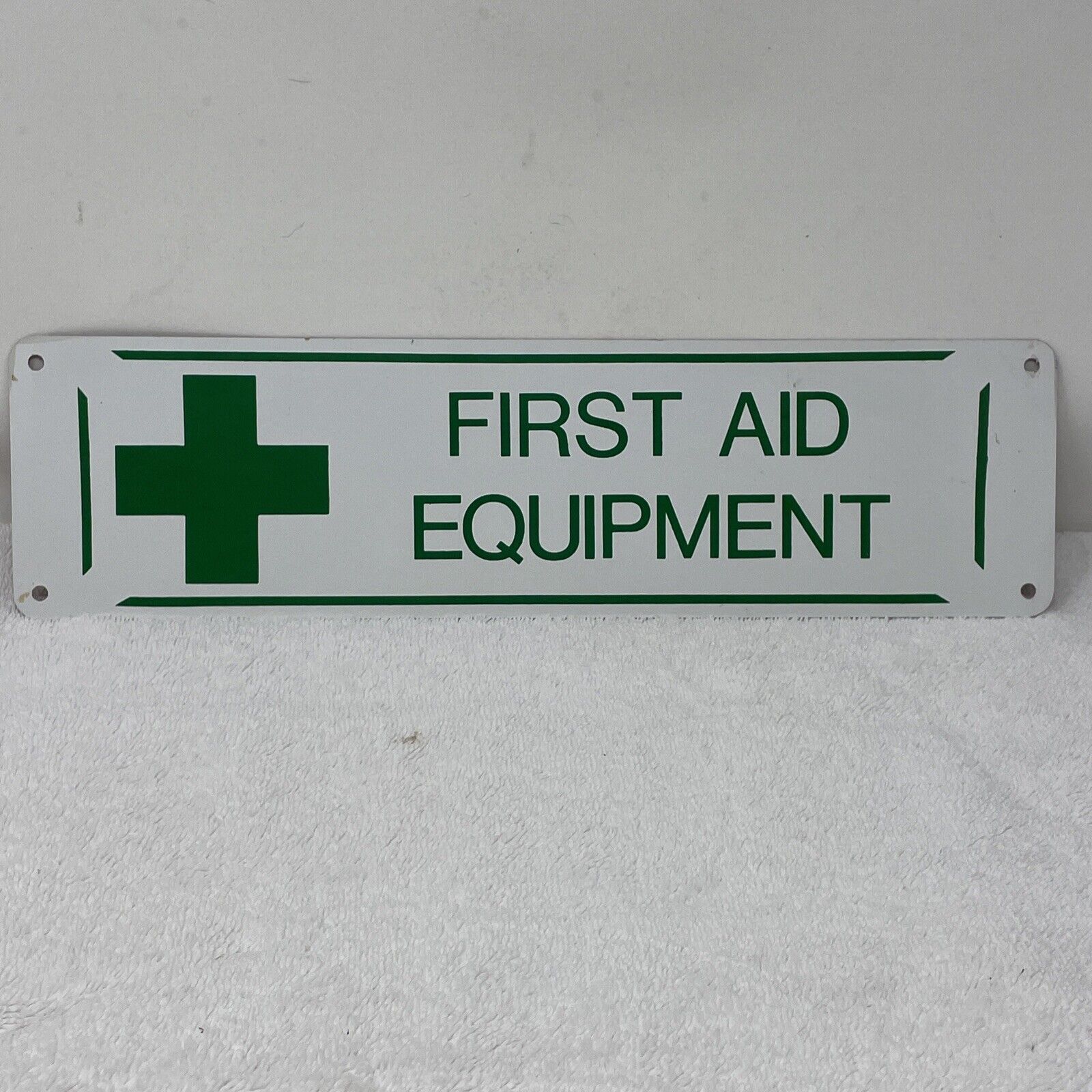 Vintage Metal FIRST AID EQUIPMENT sign 14”x3.75” Green/white