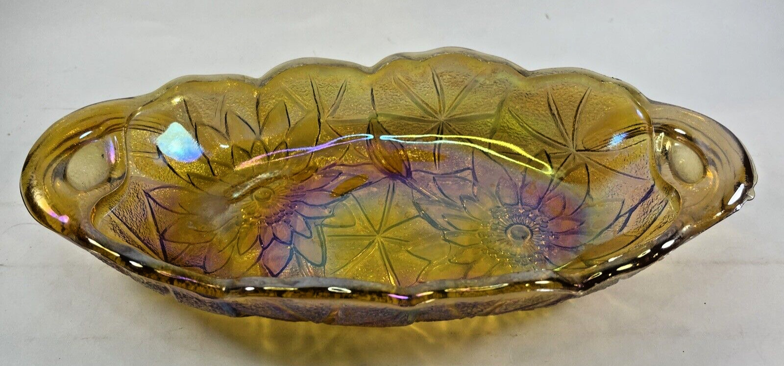 Vintage Marigold Carnival Indiana Glass Oval Candy Dish Trinket Tray Daisy