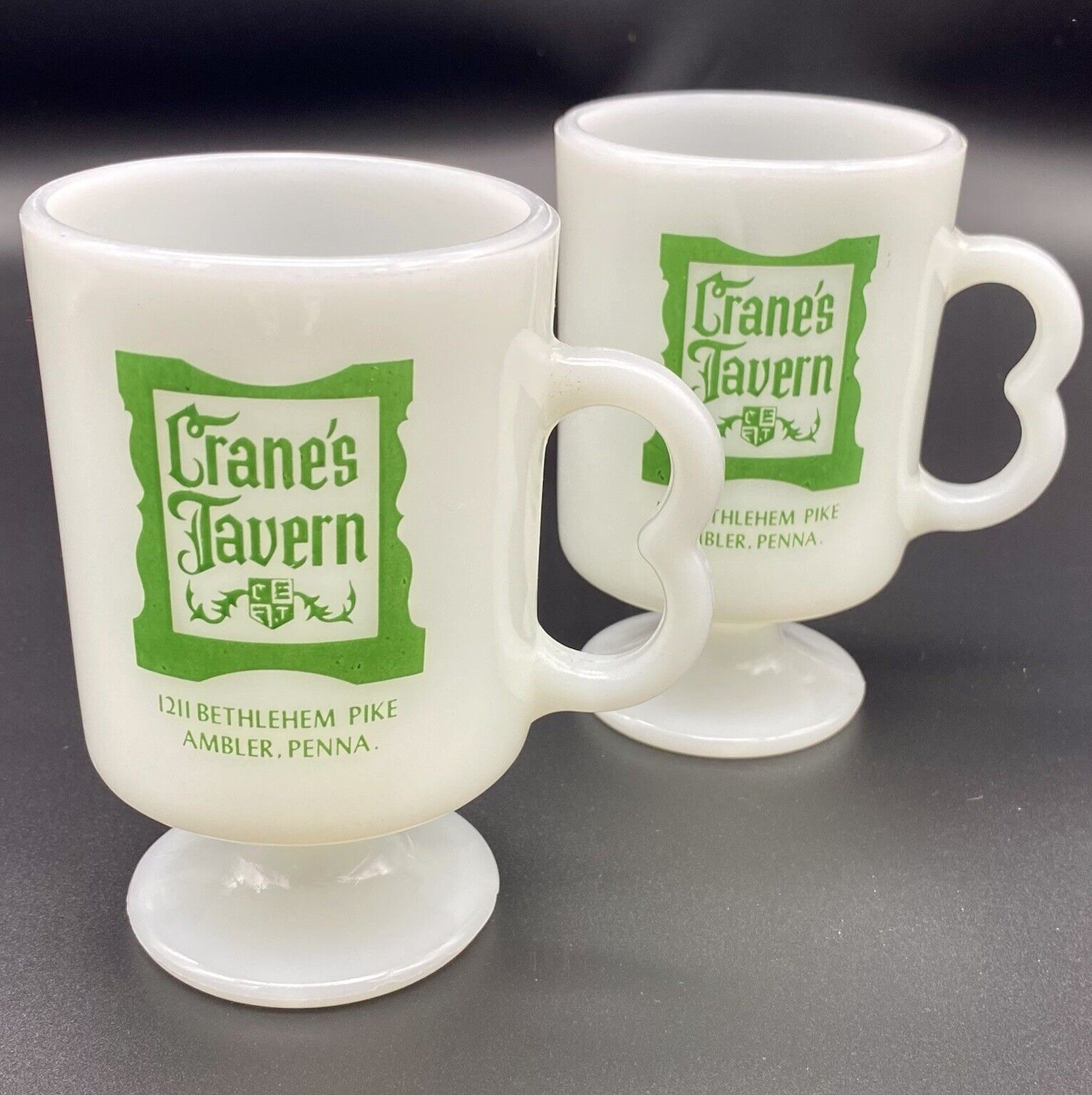 RARE Vintage CRANES TAVERN Ambler, PA Set of 2 Milk Glass Irish Coffee Mugs Cup