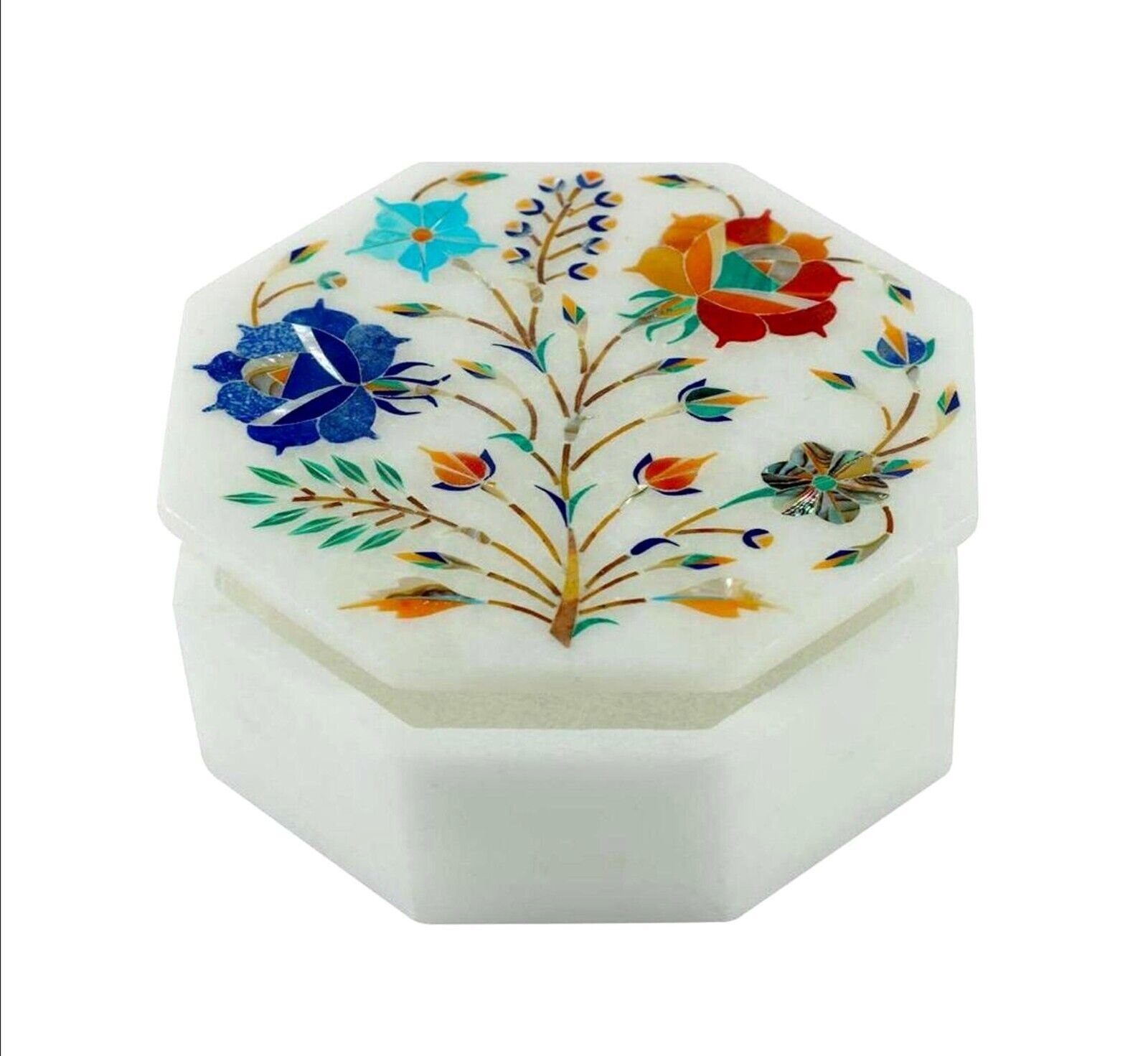 White Marble Jewelry Box Precious Stone Inlay Work Corporate Box for Office Desk