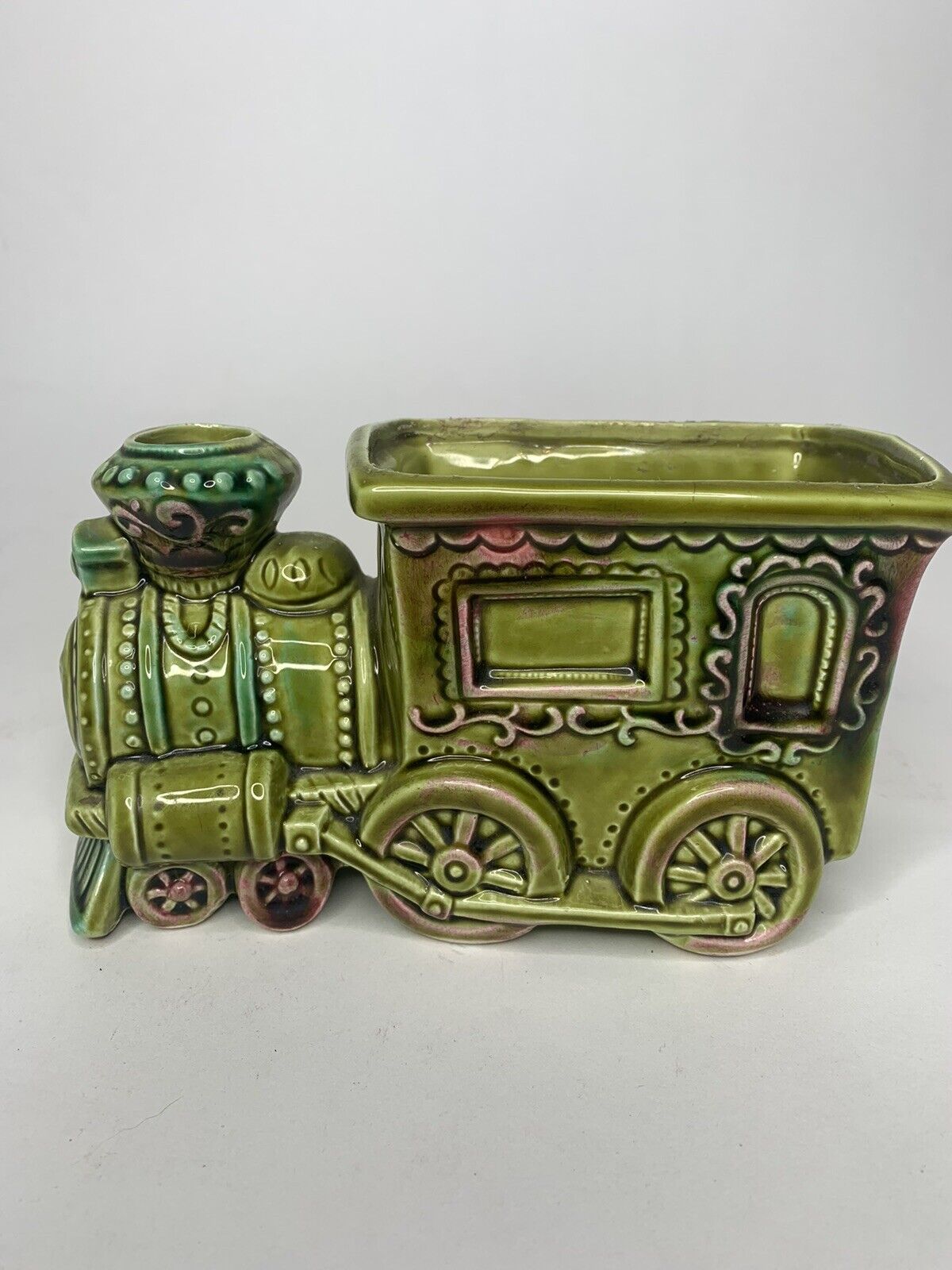 Vintage Caffco Train Planter 70\'s Green Glazed Pottery Made In Japan E-3148