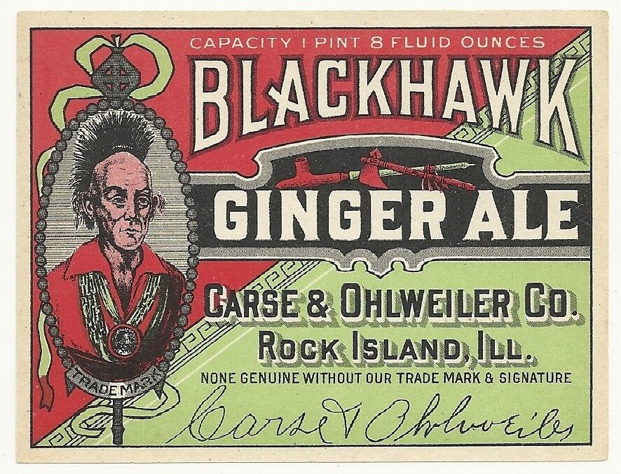 1920\'s  Large Blackhawk Ginger Ale Label Carse & Ohlweiler Co. Rock Island  Il.