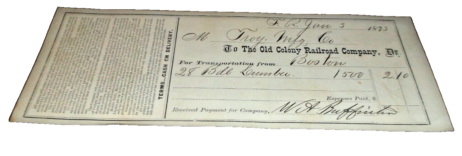 JUNE 1873 OLD COLONY RAILROAD COMPANY NEW HAVEN RAILROAD FREIGHT RECEIPT