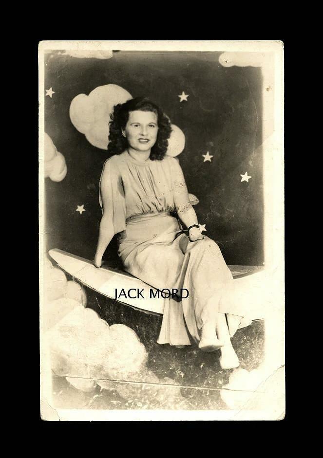 Rare Vintage RPPC Photo ID'd DISABLED WOMAN Sitting on Prop Paper Moon UNUSUAL