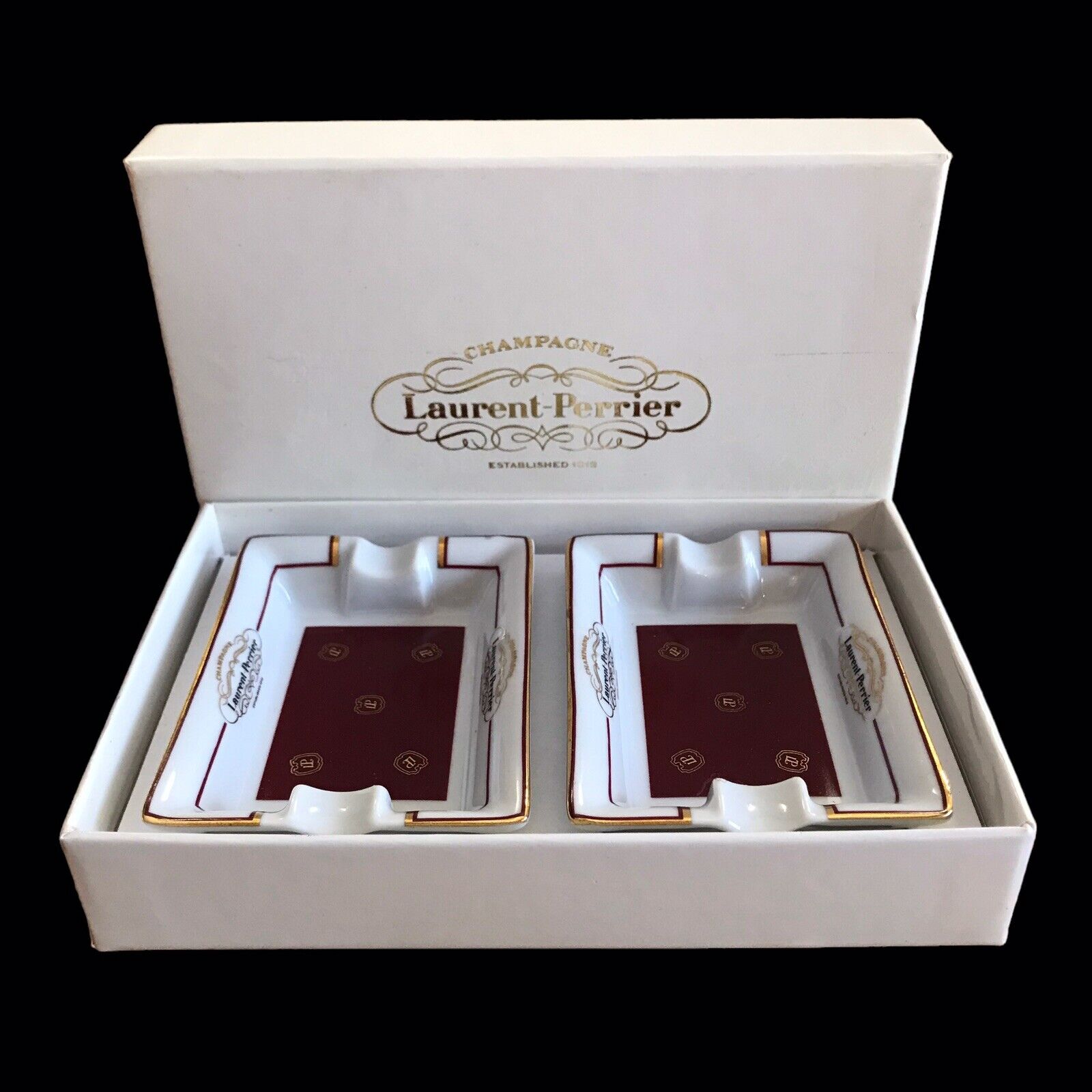 Laurent Perrier Champagne Ashtrays Set Of 2 In Original Box Porcelain 3” X 2”