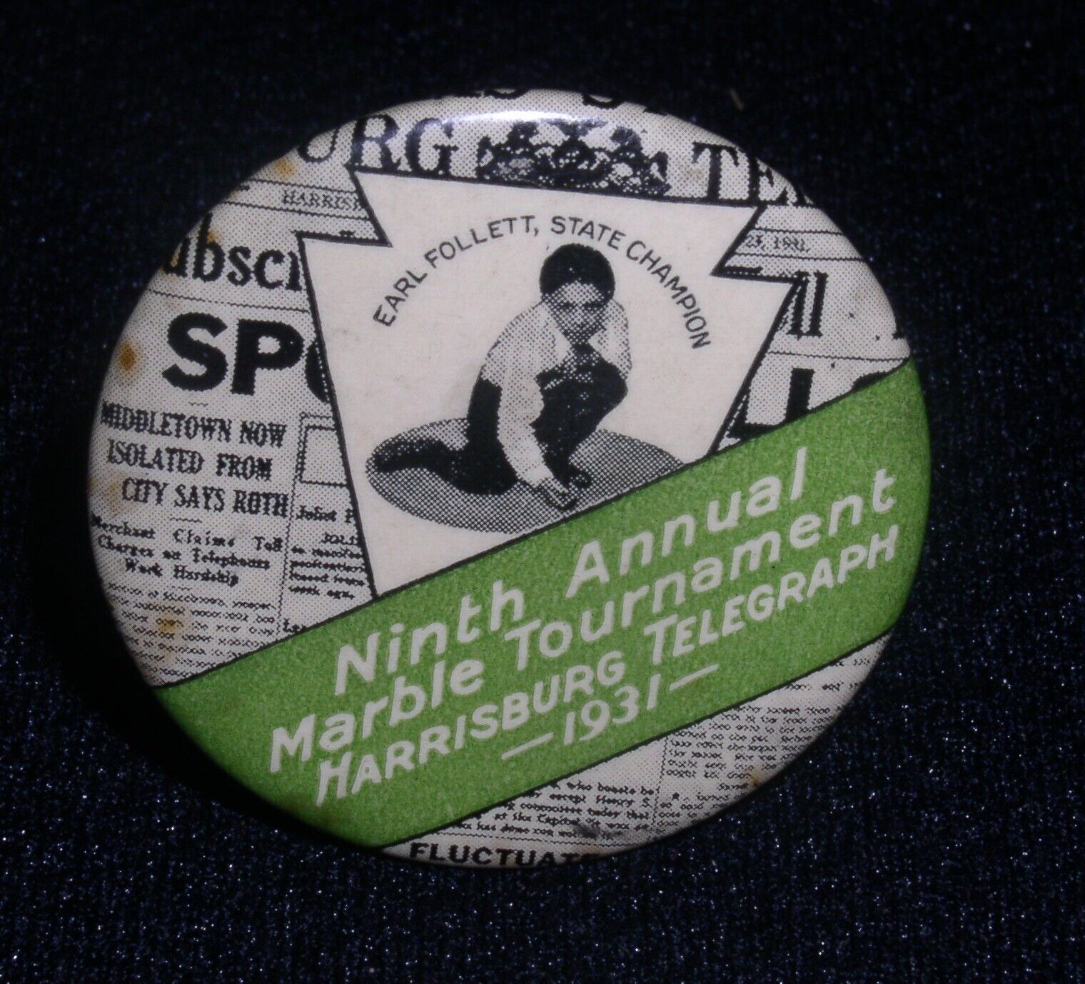 1931 Harrisburg Telegraph 9th State Marble Tournament Champion Celluloid Pinback