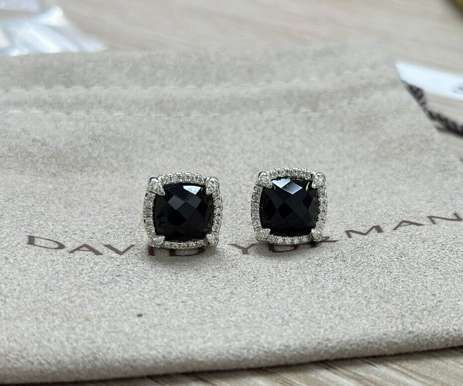 David Yurman Sterling Silver Chatelaine 9mm Black  Onyx & Pave Diamonds Earrings