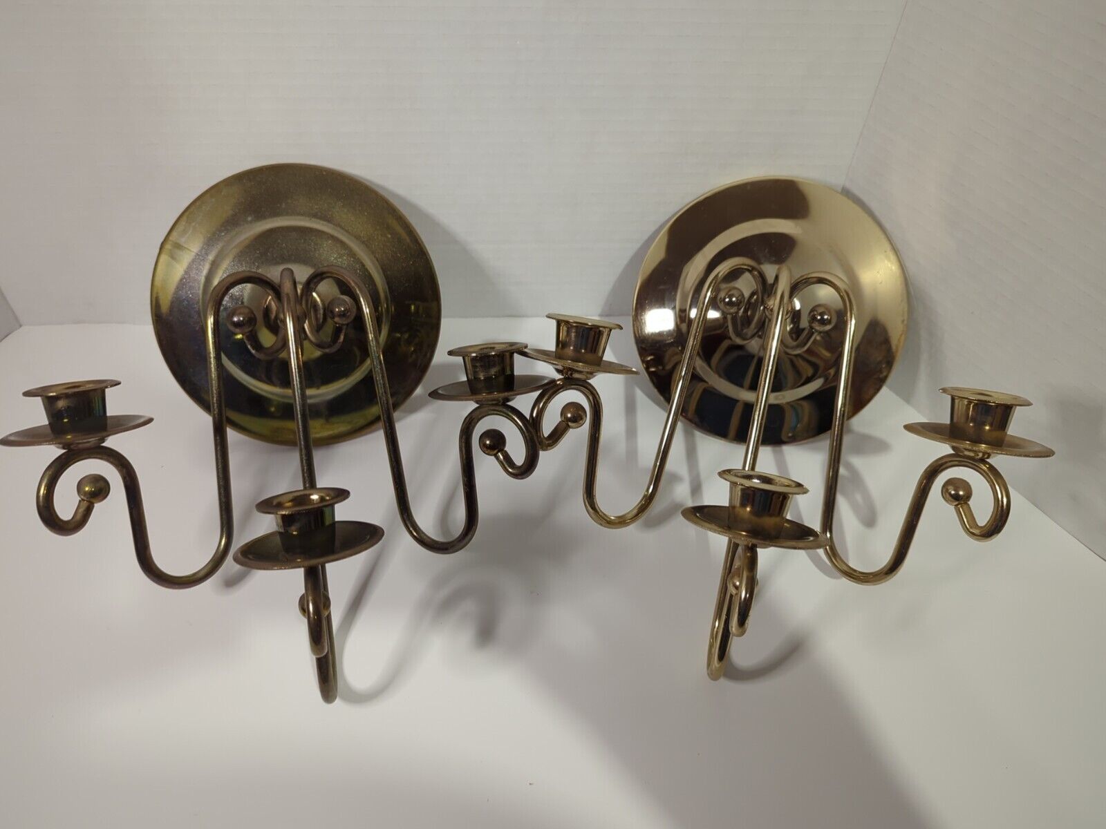 Pair Of Mid Century Brass 3-Candle Wall Sconces, Vintage, Made In USA