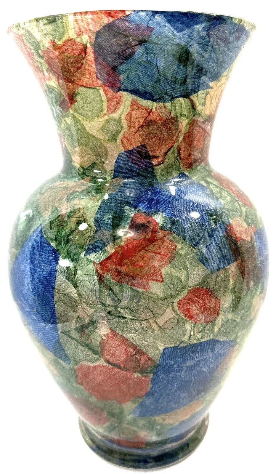 Vintage Paper Mache Colorful Glass Vase Green Blue Red 10.5” Tall 6” Wide