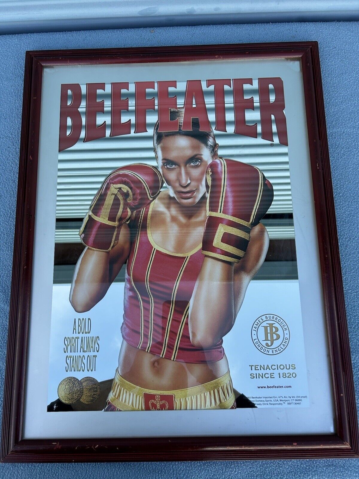 2002 Ad Vintage Beefeater Dry Gin Mirror Girl Boxing Bar Wall Advertising  Rare