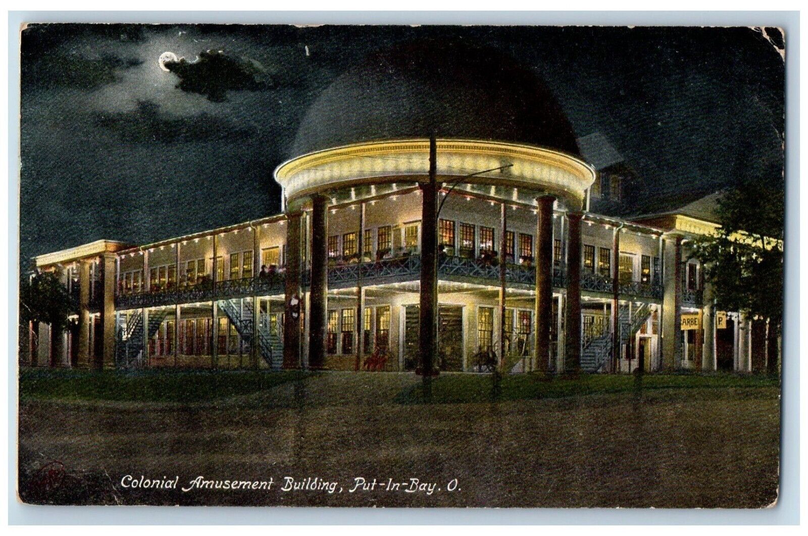 Put In Bay Ohio OH Postcard Colonial Amusement Building Night View c1910\'s