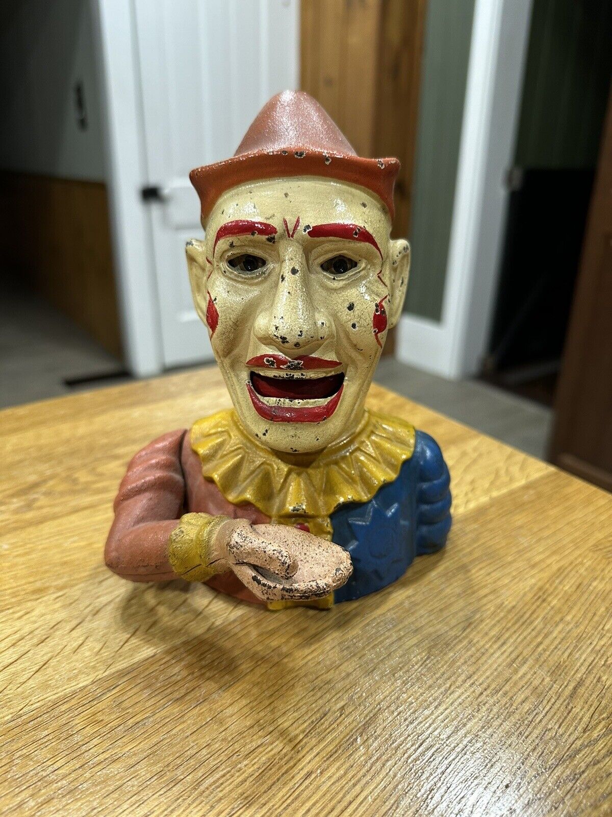Humpty Dumpty Clown Cast Iron Coin Piggy Bank Mechanical Antique