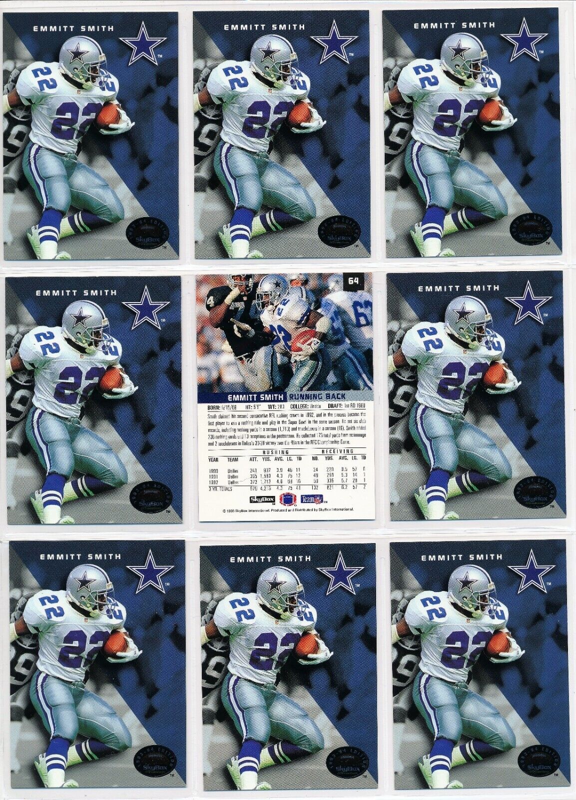 1993 SKYBOX PREMIUM NFL FOOTBALL DALLAS COWBOY EMMITT SMITH #64 LOT OF (9) CARDS