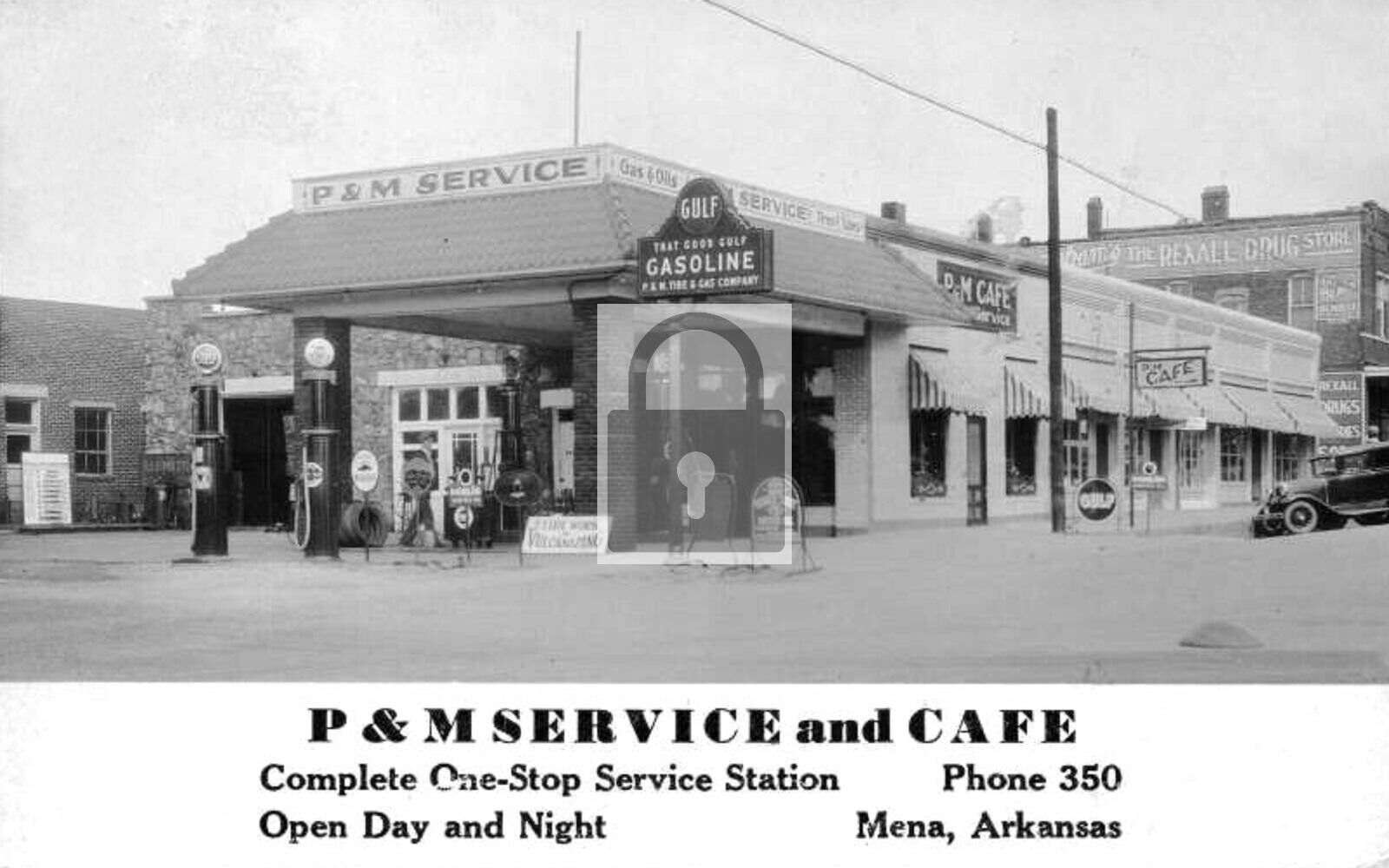 P & M Service Gulf Gas Station Cafe Mena Arkansas AR Reprint Postcard