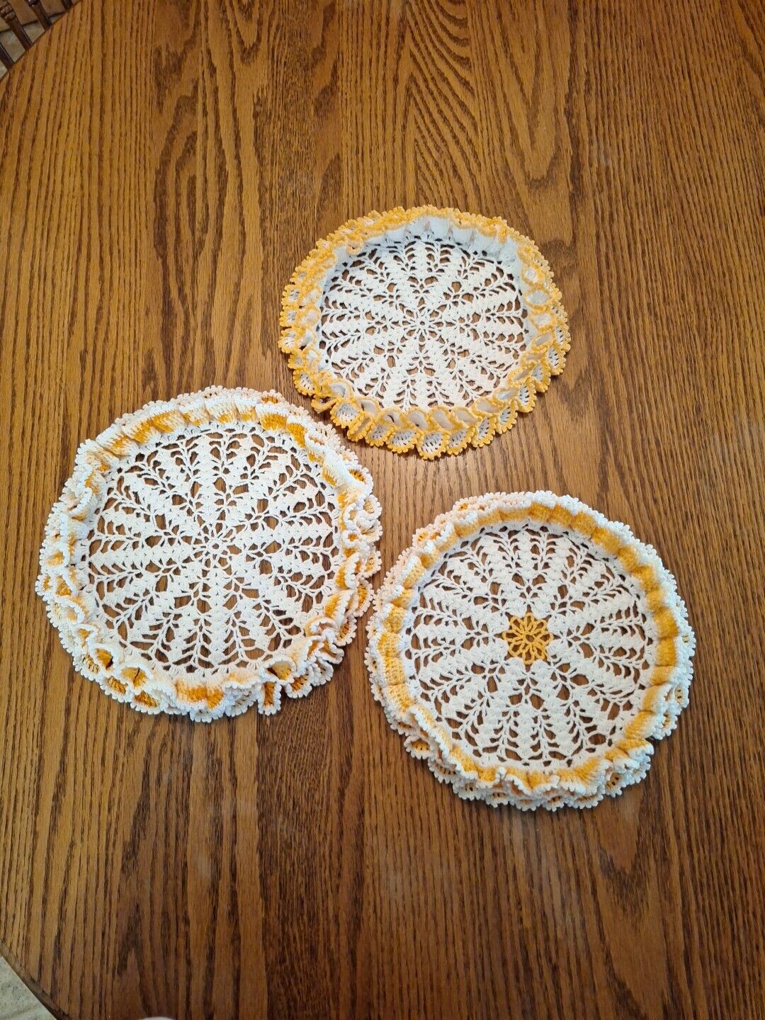 Vintage Lot of 3 Hand Crochet Orange  And White Ruffled Doilies