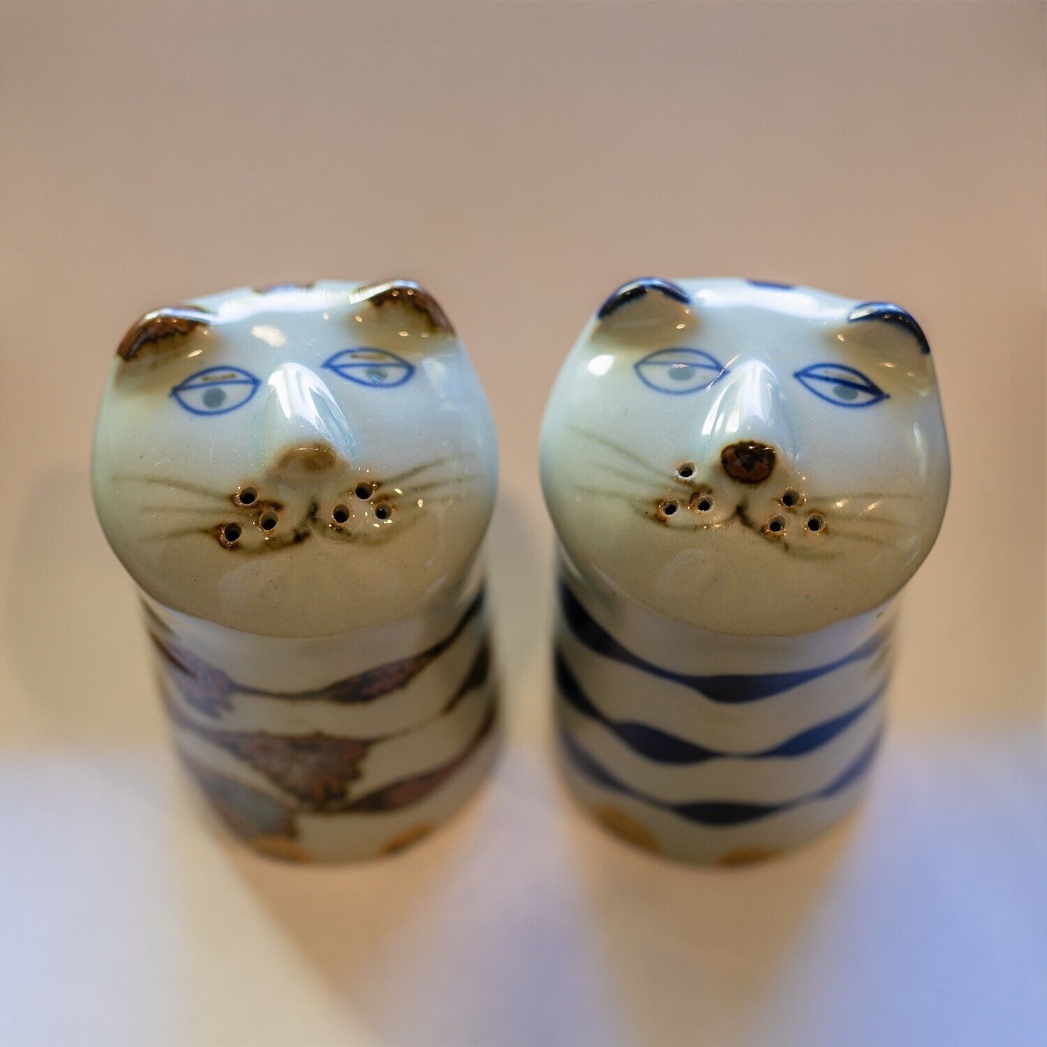 Handcrafted Blue Striped Cat Kitten Salt and Pepper Shakers - Artistic Tableware