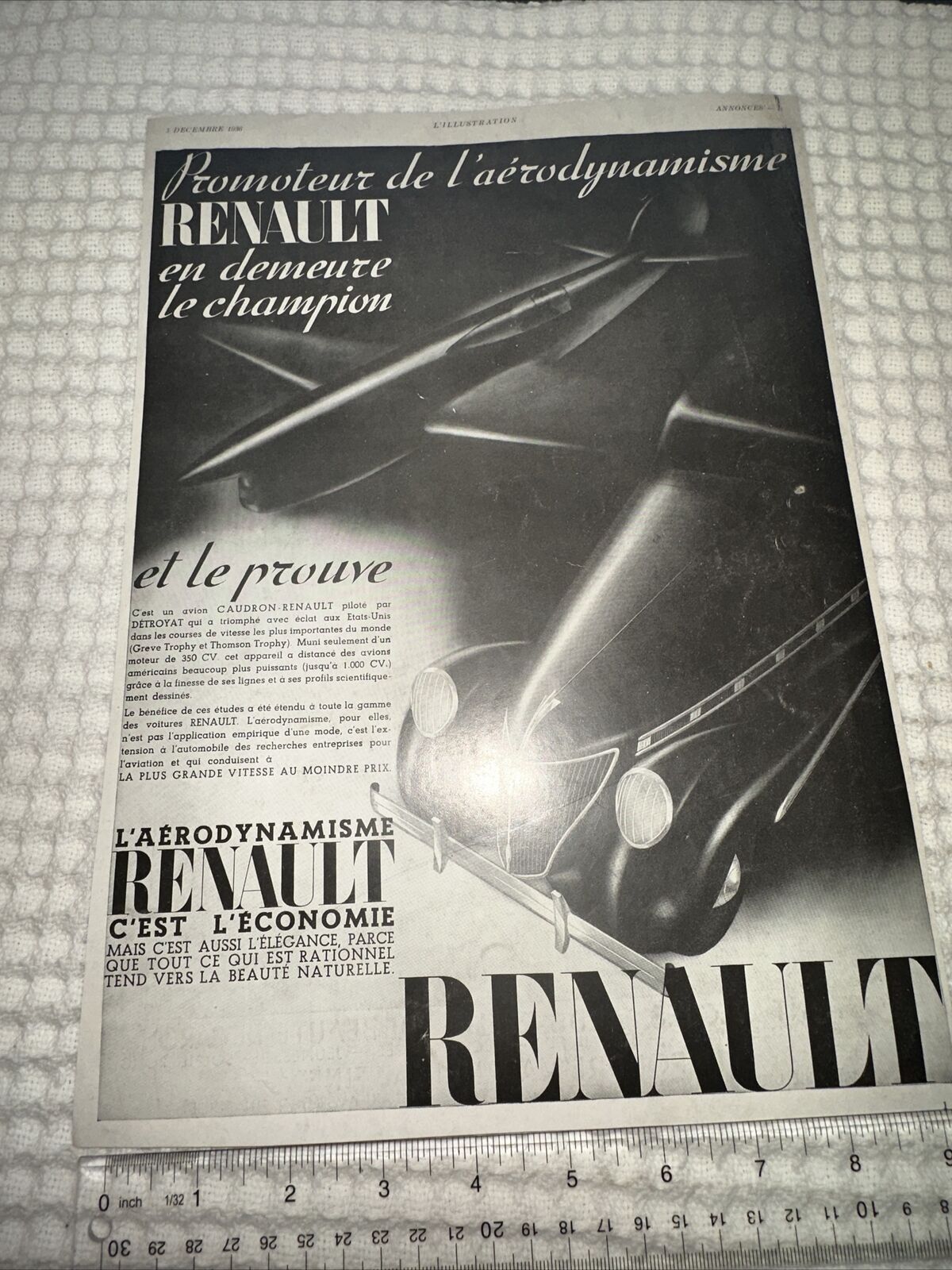 1936 ( PRINT AD ) Renault Automobile From a French Magazine 9 X 13 Approx.