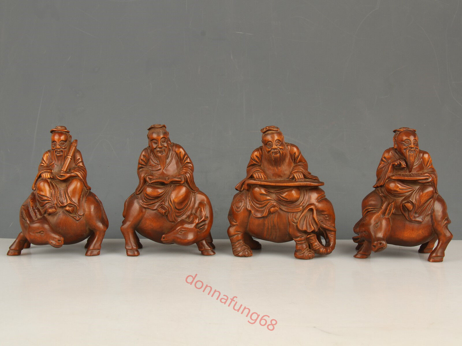Chinese Exquisite Hand-carved Ancient characters carving Boxwood statue 4pc