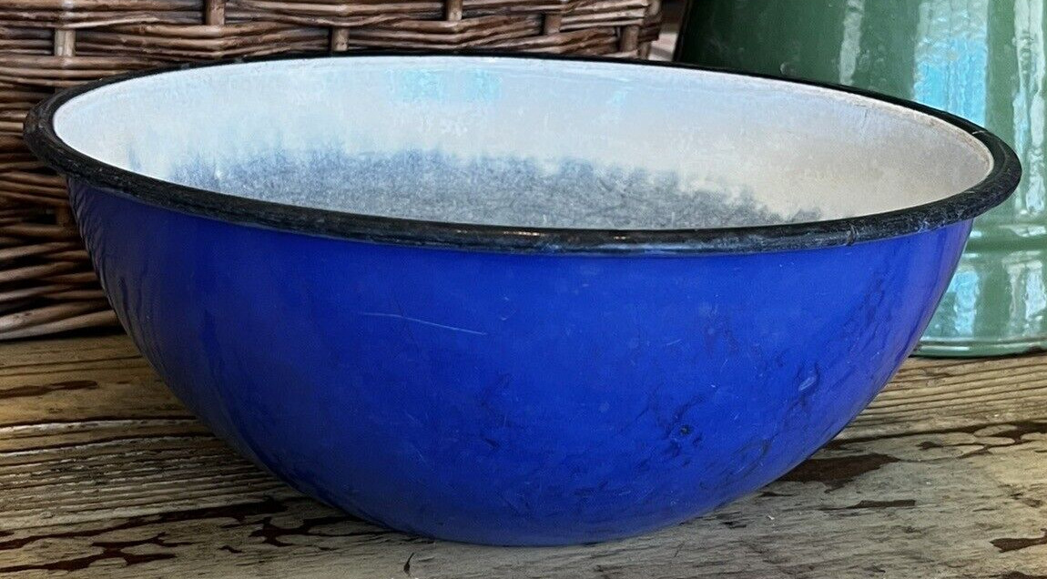 Vintage Cobalt Blue w/ Black Trim Enamelware Mixing Bowl  10\