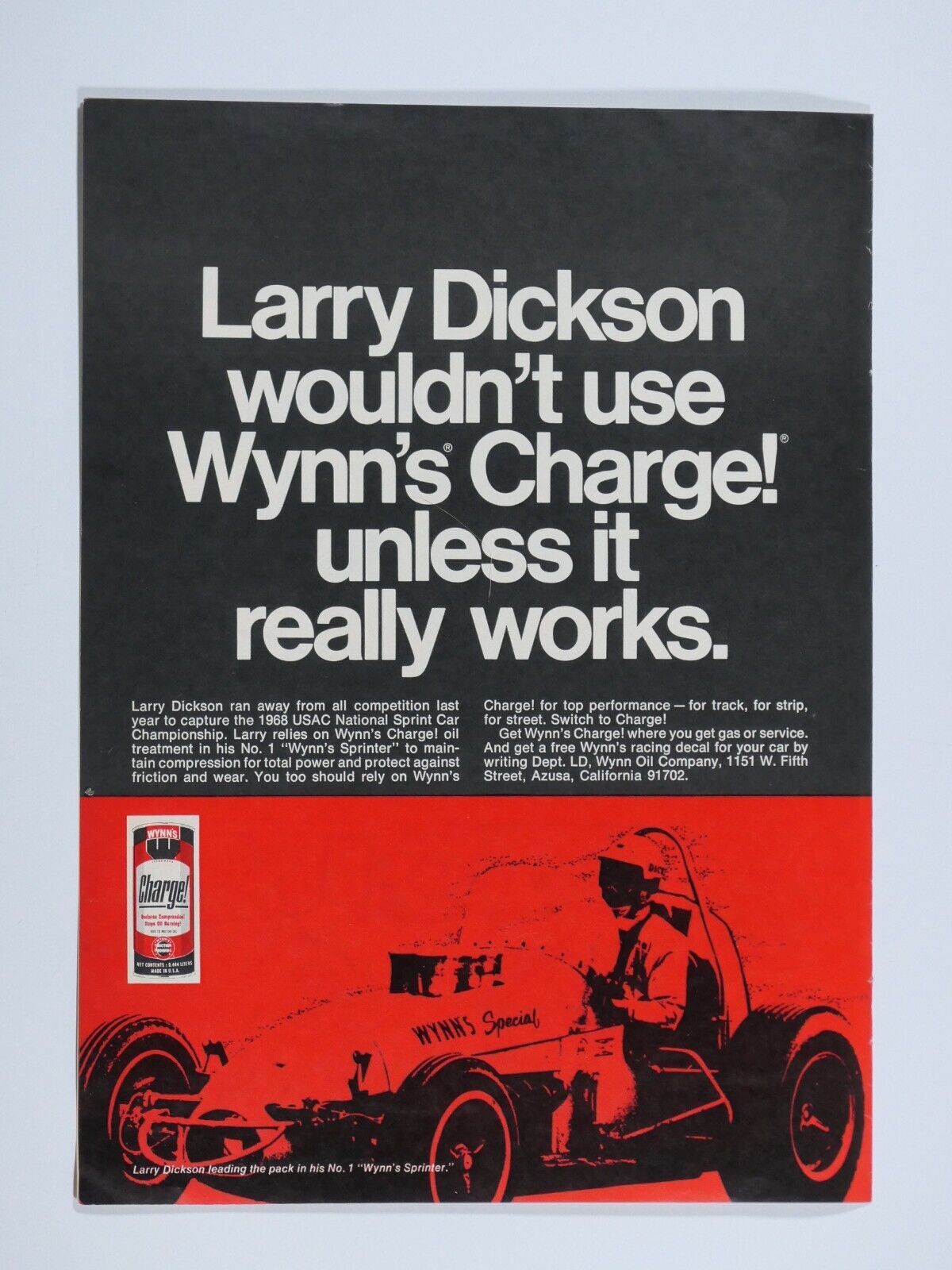 Larry Dickerson USAC Sprint Car Champ 68 Vintage 1969 Wynn\'s Original Print Ad