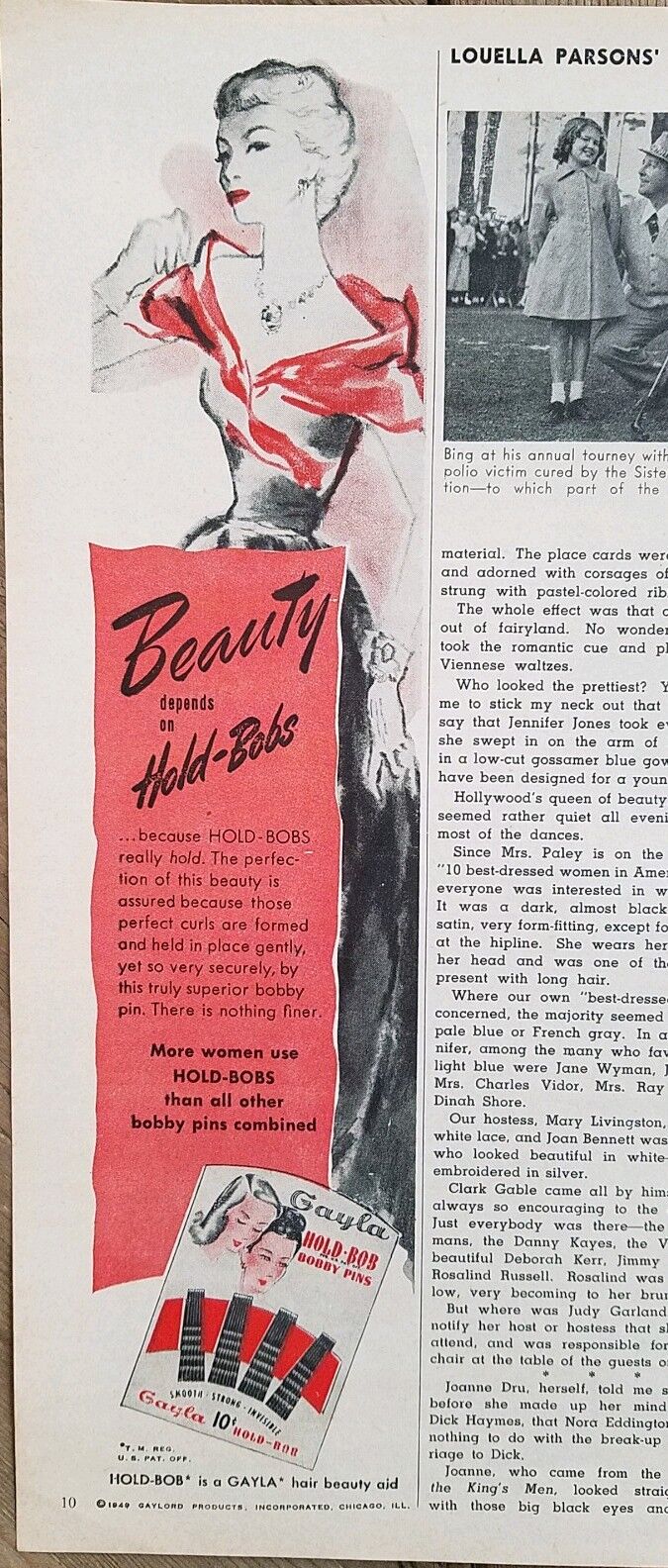 1949 Gayla hold Bob\'s women\'s hair bobby pins vintage ad