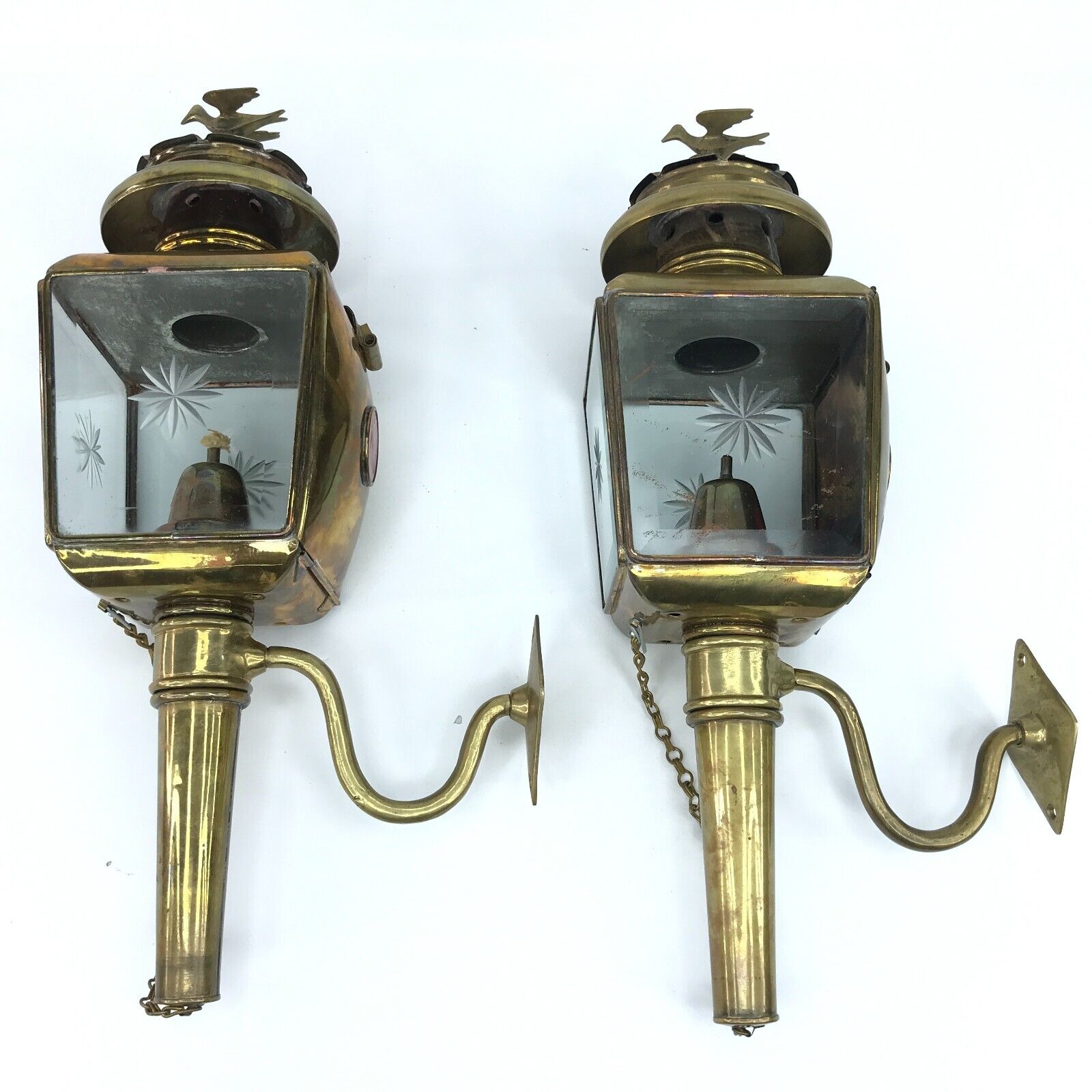 Pair Of Antique Seyfettin Esitmez Brass Carriage Lamps / Coach Lantern Nacar