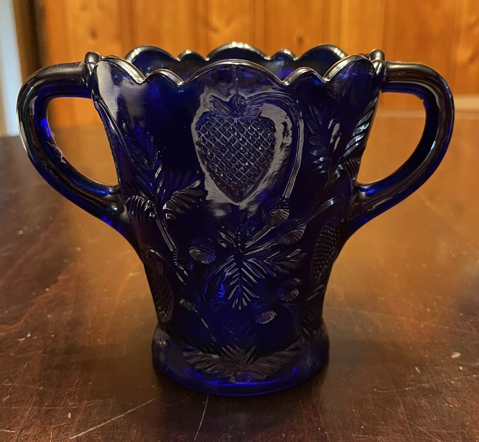 Vintage Mosser Glass Cobalt Blue Strawberry Vase Spooner Jam Jar  Double Handle