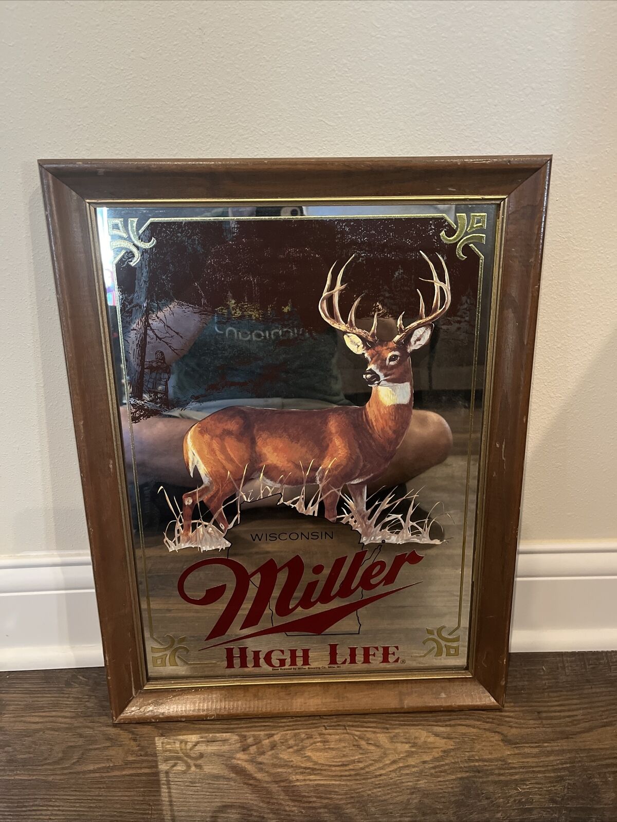 Miller High Life Deer Mirror Beer Sign Wisconsin Wood Frame 1st Edition RARE