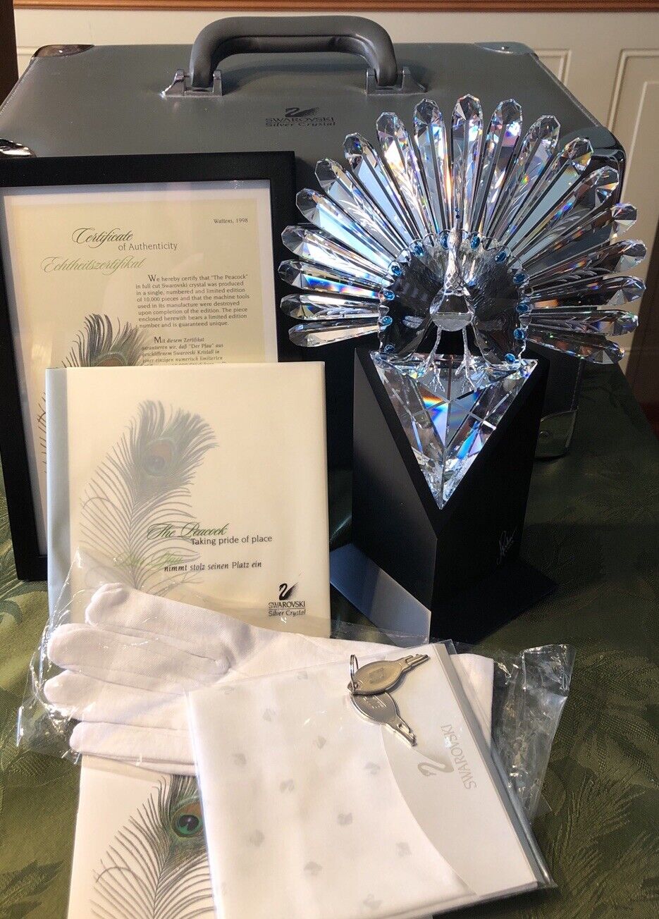Swarovski Crystal 7607 000 002 LE 1998 Peacock 218123 In Suitcase With Paperwork