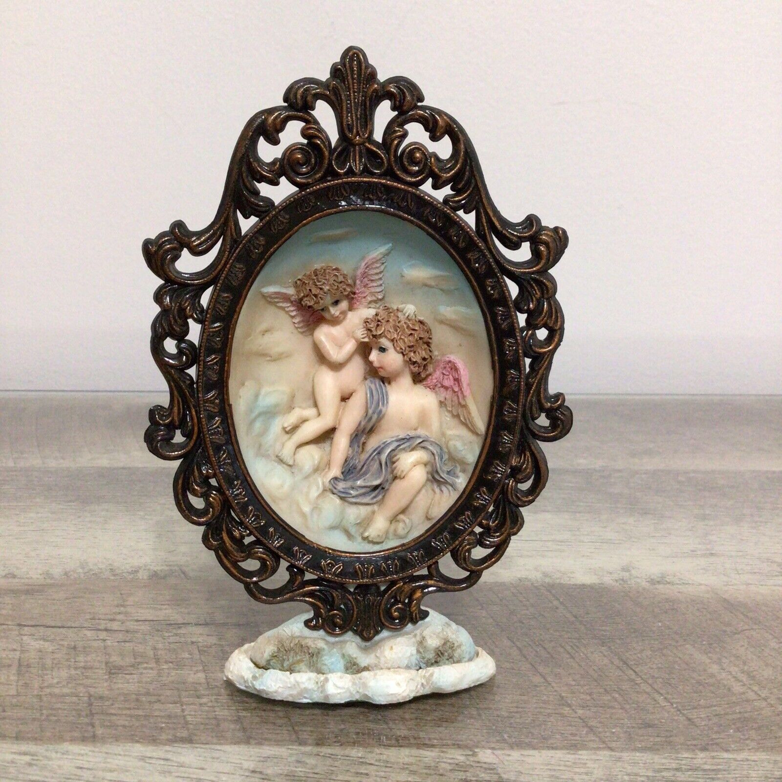 Vintage 3D Free Standing Framed Plaque Cherub Angel