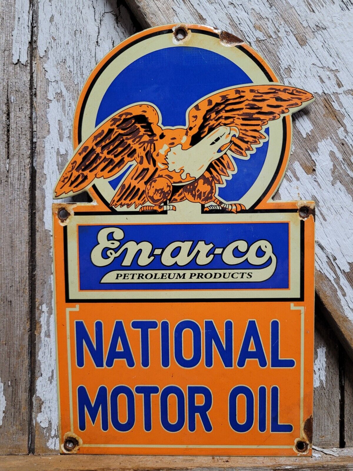 VINTAGE ENARCO PORCELAIN SIGN NATIONAL MOTOR OIL SERVICE EAGLE AUTOMOTIVE LUBE