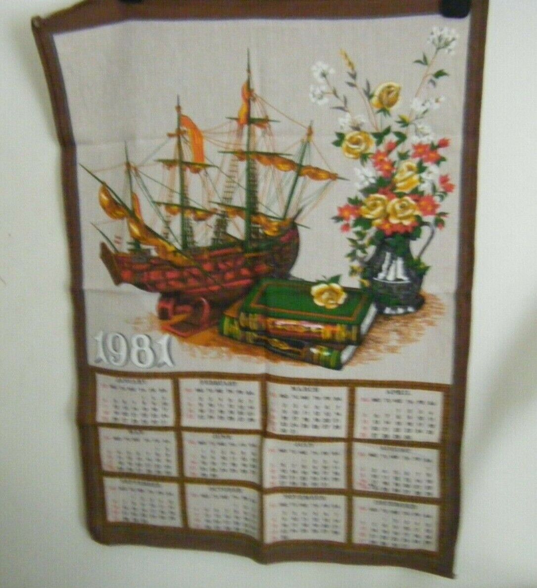 Vintage Tea Towel, Calendar, 1981, Ship, Flowers
