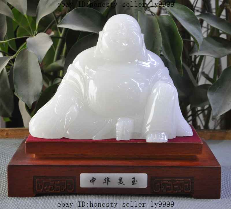 chinese 100% natural white jade carved happy laugh Maitreya Buddha rohan statue