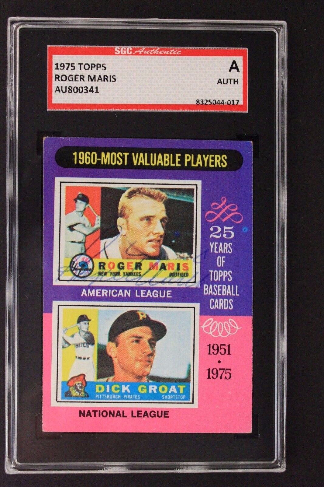 ROGER MARIS (d.1985) 1975 TOPPS MVP Autographed Signed Card SGC Authentic