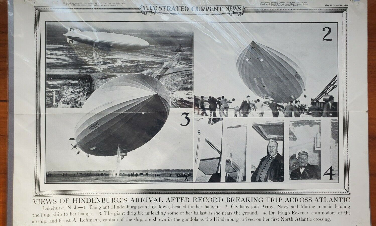 Original Vintage 1936 ED Hindenburg's Arrival Illustrated Current News Poster 