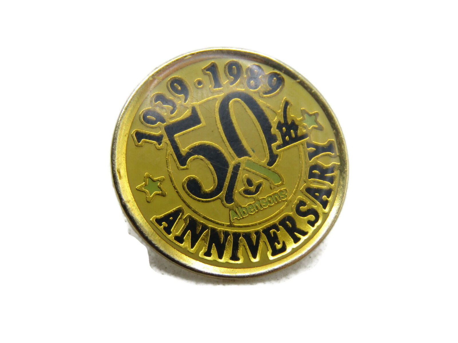 Albertsons 50th Anniversary Pin Black Yellow & Gold Tone