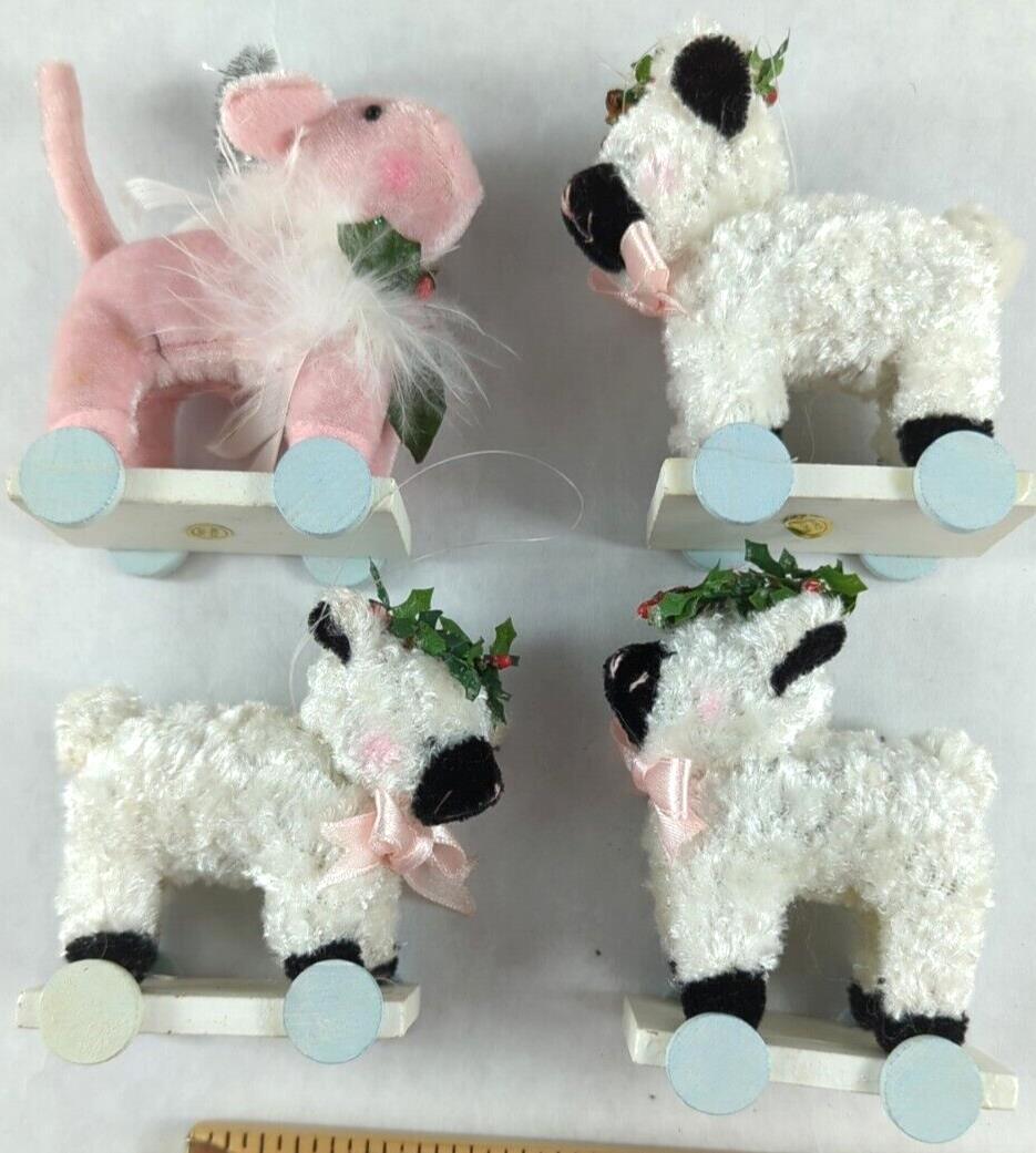 Vintage: Set of 4, Christmas Ornaments Lambs Pig on Sleds, Handmade