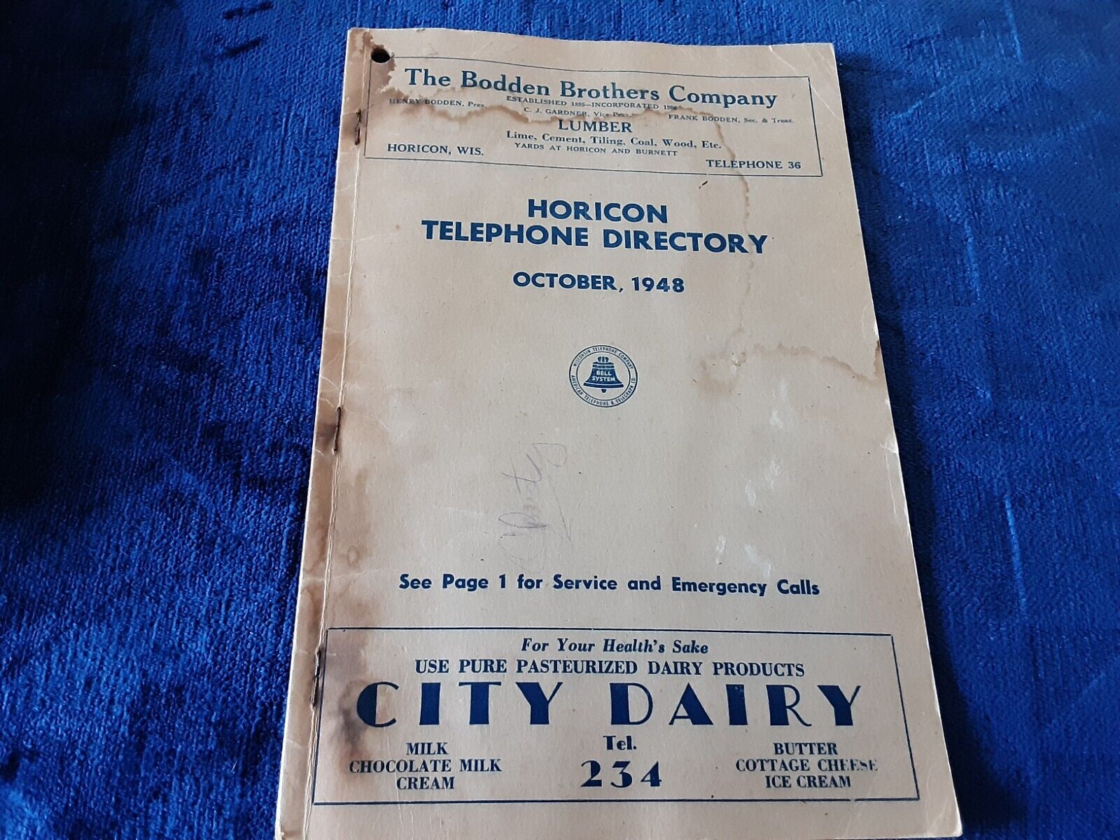 Vintage Horicon Wisconsin Telephone Directory 1948.