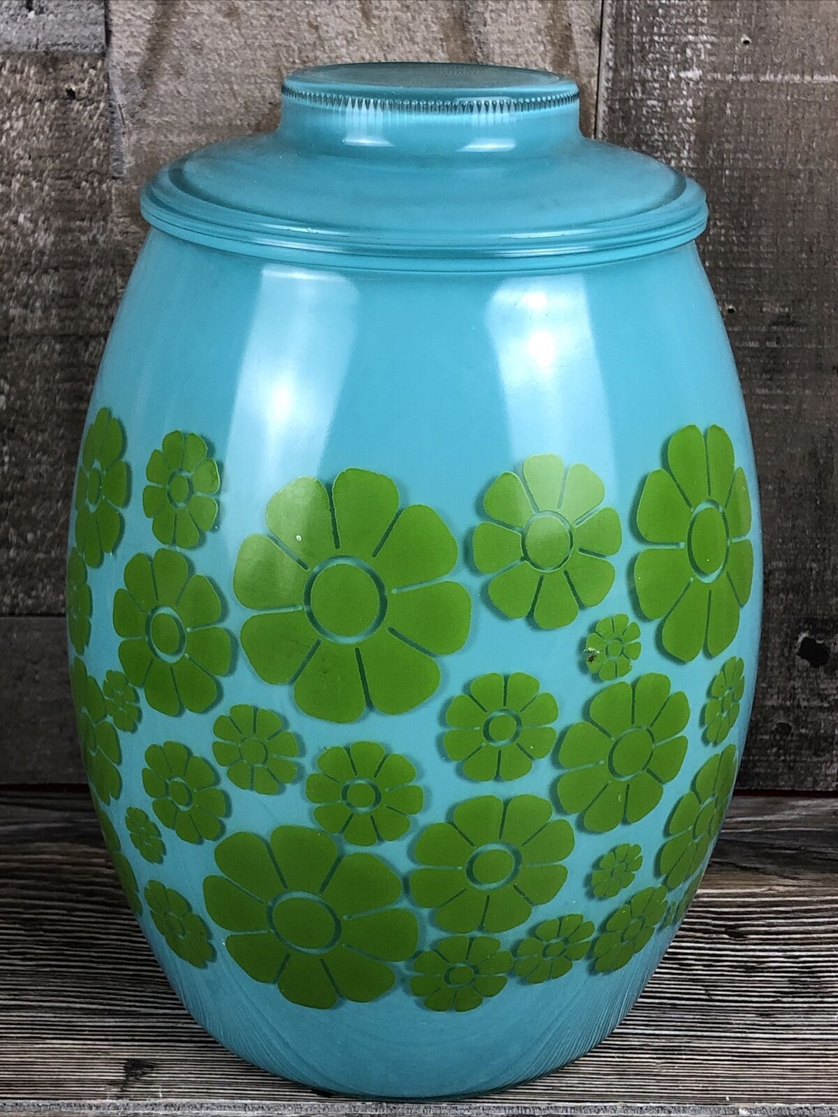 Vintage MCM Bartlett Collins Floral Flower Turquoise Blue Green Glass Cookie Jar