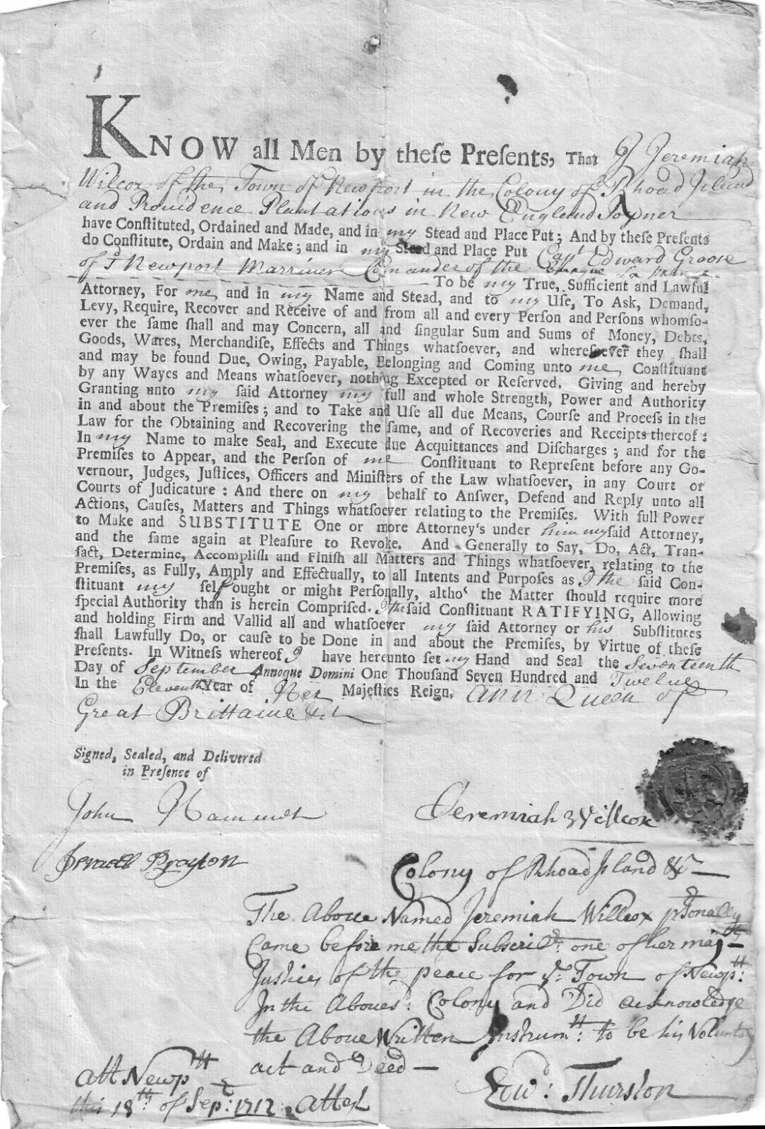 [Queen Ann's War] Notables Signed Early RI And Providence Plantations Document