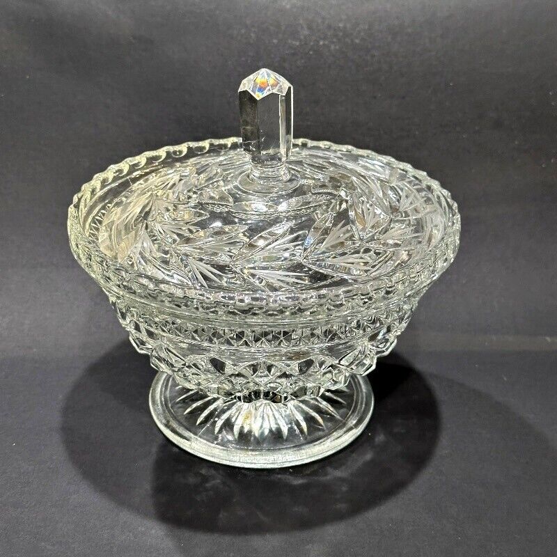 Lead Clear Cut Crystal Candy Dish Etched Glass with Lid Faceted Finial Vintage