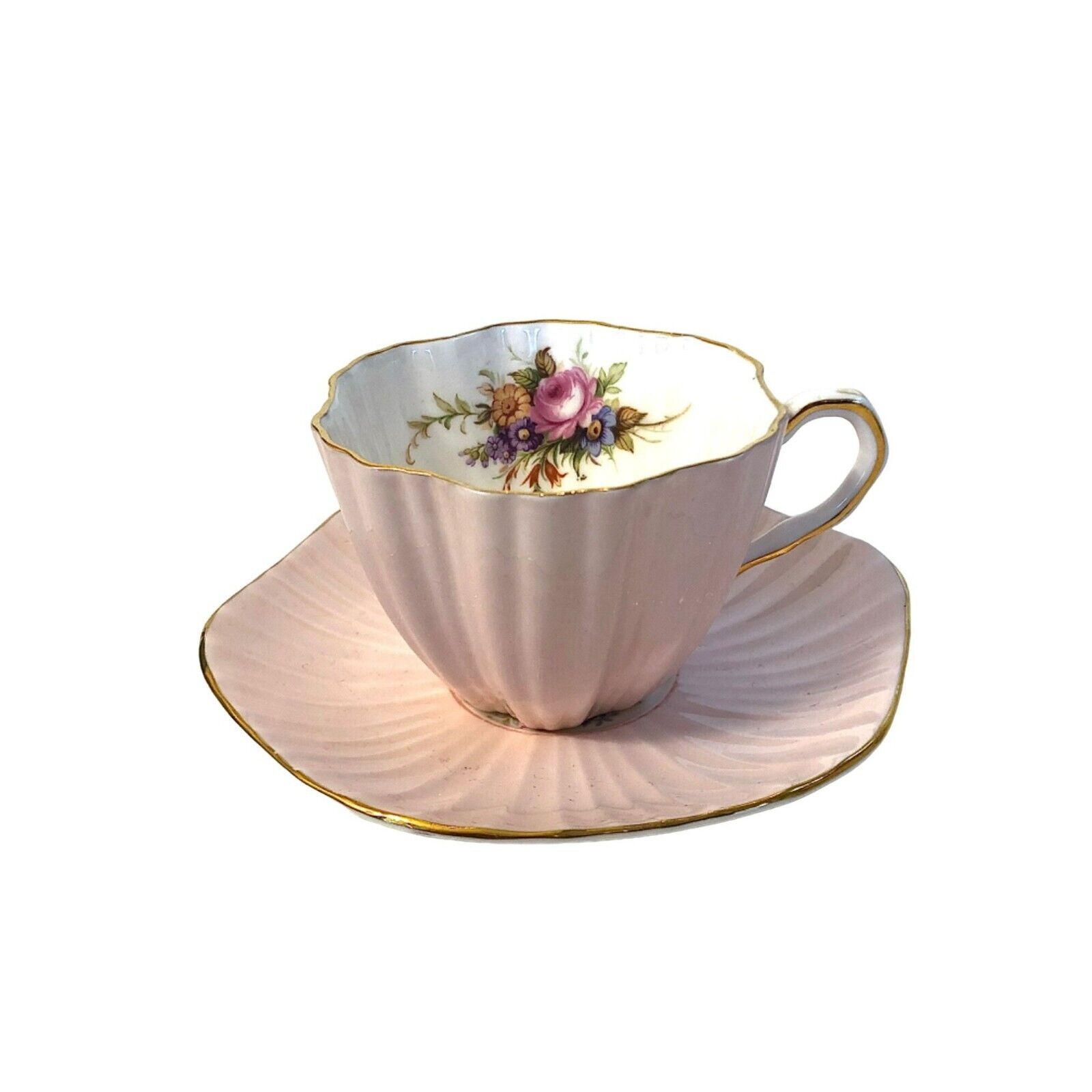 EB Foley Pink Floral Fluted Bone China Made in England Teacup Saucer